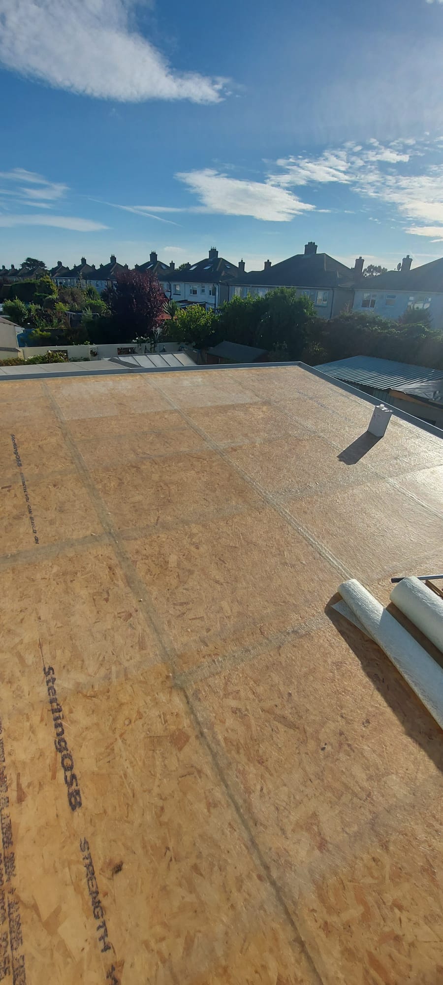 OSB roof decking installed with skyline and insulation materials